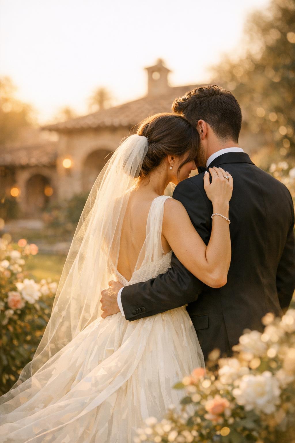 Pareja recién casada al atardecer en hacienda mexicana
