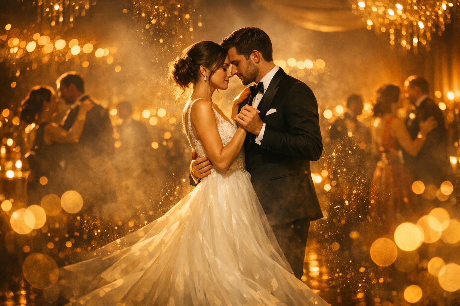 Novios bailando en pista con bokeh dorado